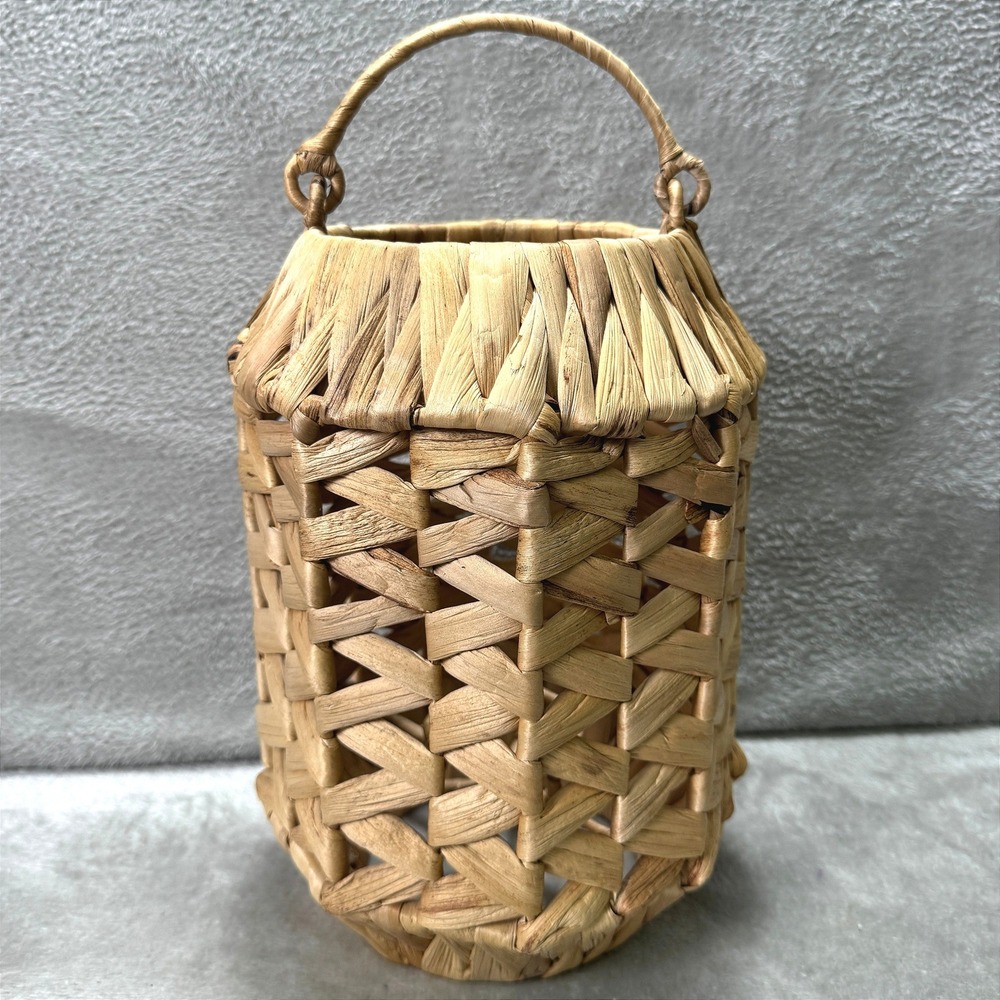 Vintage Woven Rattan Hurricane‎ Candle Holder Basket Lantern Handle Boho Decor
